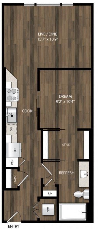 Floor plan for 1 bed, 1 bath, 638 sqft